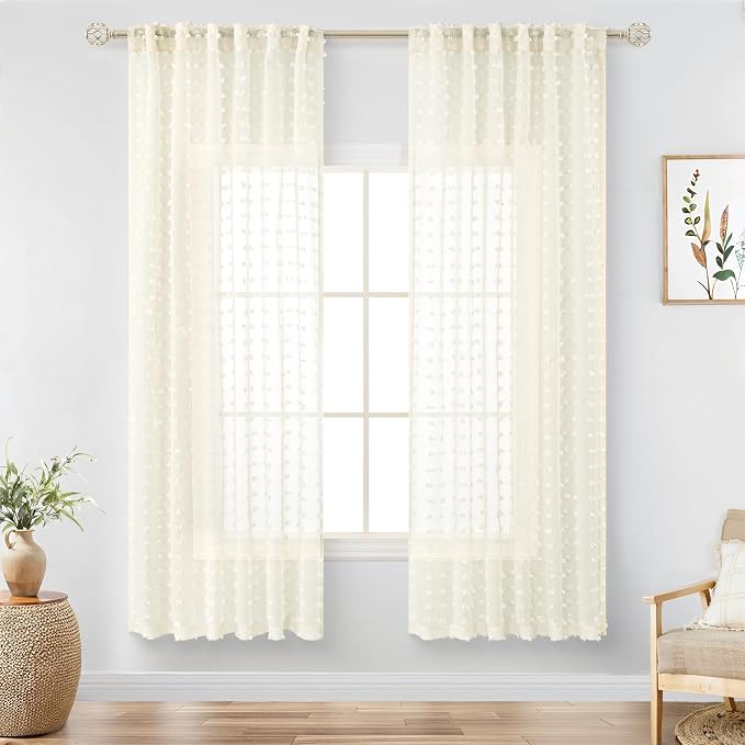 DANCURTON Cream Sheer Curtains for Bedroom Lightweight Unique Trendy Pom Pom Cute Curtains for Kids Girls Room Back Tab Modern Farmhouse Ivory Boho Sheer Drapes for Living Room 63 Inch Length 2 Panels
