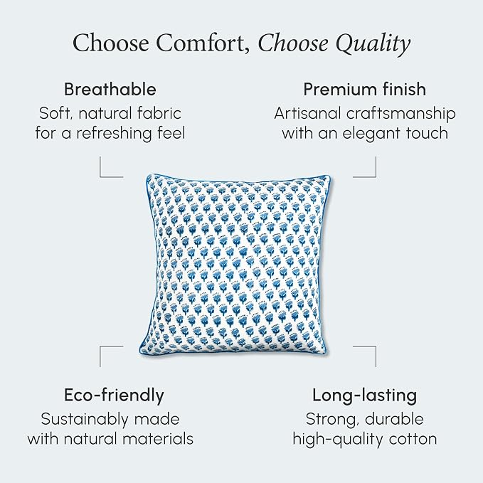 CPC 100% Cotton Throw Pillow Covers 16X16 Blue Block Print Pattern Couch Pillow, Cute Boho Decorative Pillows for Living Room, Bedroom with Hidden Zipper- Apatite Blue