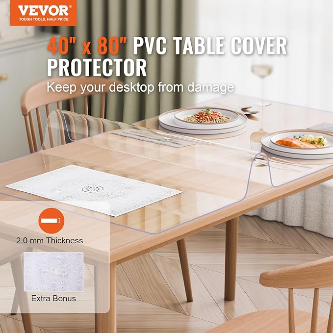 VEVOR Plastic Table Cover, 40 x 80 Inch 2.0 mm Thick Rectangle Clear PVC Mat Protector, Waterproof & Easy Cleaning Desk Pad Tablecloth, for Office, Dresser, Dining Room, Night Stand