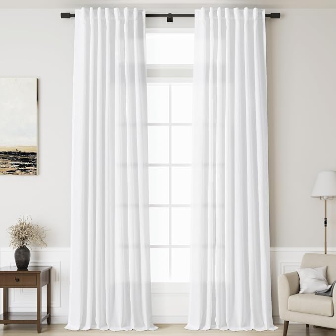 Nanspring White Linen Curtains 134 Inches Long 2 Panels Set for Living Room Extra Long Back Tab Curtains Light Filtering Semi Sheer Linen Drapes Ceiling to Floor for Large Window Farmhouse 52x134
