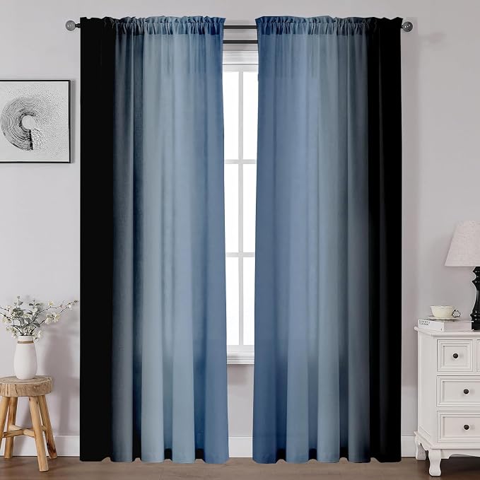 Navy Blue and Black Curtains for Living Room 84 Inch Length Ombre Curtains 2 Panel Bedroom Black and Blue Curtains Rod Pocket Light Filtering Window Curtain Modern Gradient Drapes