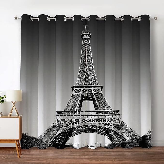 Jekeno Paris Eiffel Tower Blackout Curtains Paris Landmark Picture of Famous Place Cityscape Scene Decor for Bedroom Living Room Grommet Window Drapes 2 Panel Set, 42"x63"