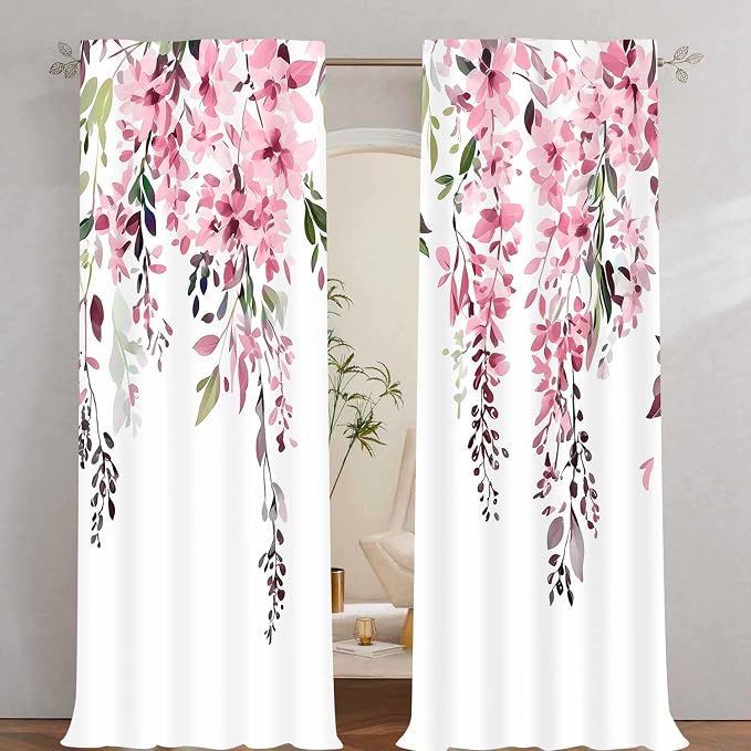 Pink Watercolor Floral Curtains, Botanical Leaves Vine Flowers Curtain, Rustic Farmhouse Flower Leaf Blackout Window Treatment Drapes for Bedroom Living Room 52x90 inch, 2 Panels