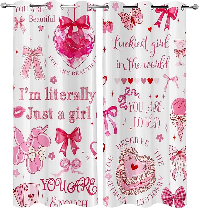 LUVIVIHOME Pink Bow Curtains, Cute Preppy Coquette Blackout Curtains for Girls Bedroom Living Room, Butterfly Floral Bowknot Girly Room Decor, Inspirational Gifts for Women, 2 Panel Sets, 42x63 Inch