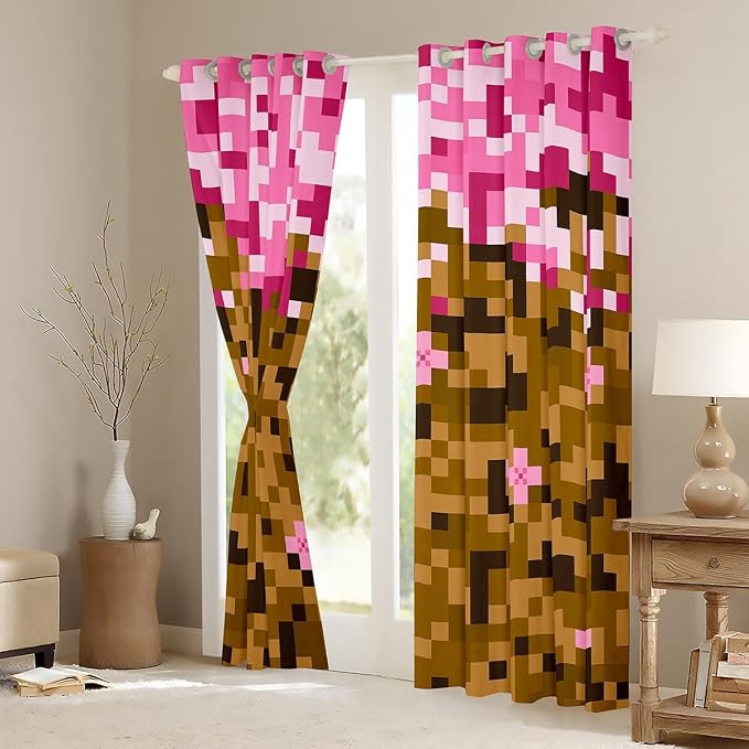 Castle Fairy Miner Theme Games Window Curtain,Pixel Pink Brown Blackout Window Treatment,Teens Woman Men Building Gamers Bedroom Curtains Block Patchwork Living Room Decor Top 2 Panels,52Wx96L