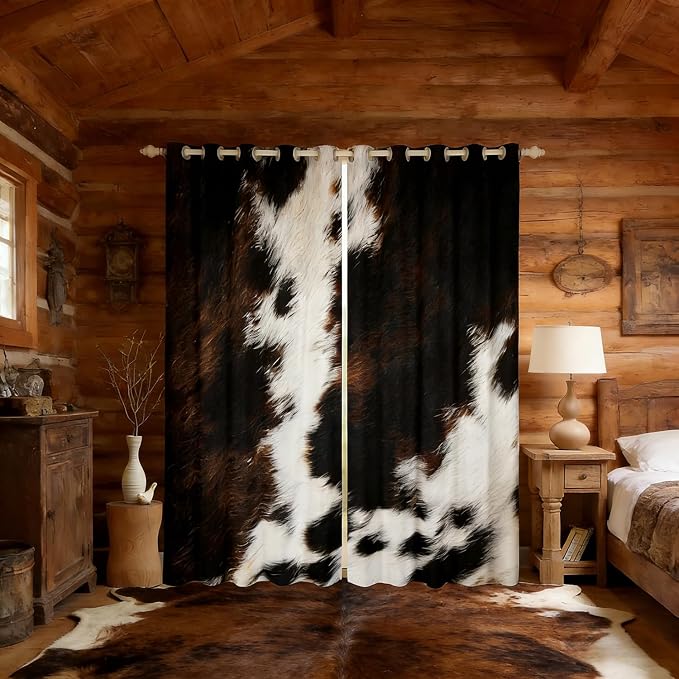 Brown Cowhide Window Curtains Western Black White Cow Print Curtains For Bedroom Living Room Bull Cattle Animal Fur Curtain Drapes Rustic Farmhouse Cowboy Window Treatments 2 Panels 42"Wx90"L