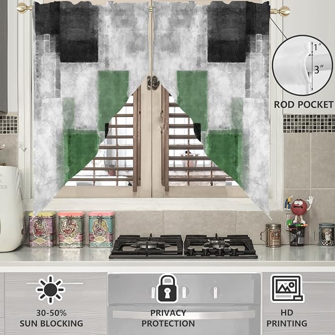 AAtter Green Kitchen Valance Curtain for Window Black Gray Grey Sage Olive Modern Funky Small Short Swag Topper Bathroom Living Room Bedroom Rod Pocket Drapes Fabric 1 Pair, 28" W x 36" L, Geometric