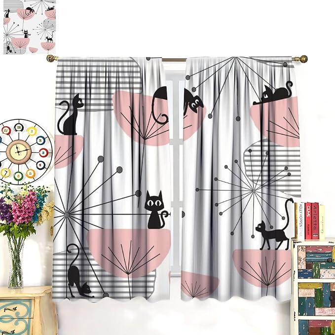 JESTRONRY Mid Century Cat Curtains, Pink Atomic Abstract Geometric 1950s 1960s Retro Style Rod Sleeves Window Drapes for Bedroom Living Room Home Decor 63x72in