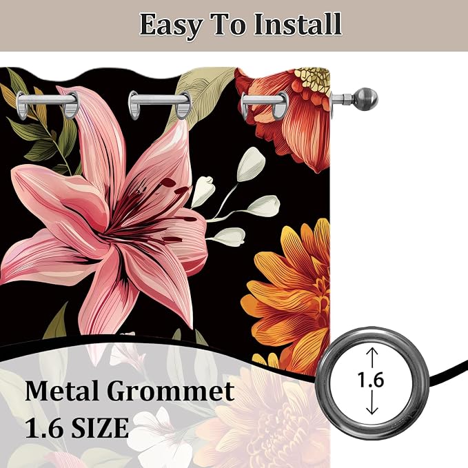Black Boho Floral Blackout Curtains Mid Century Vintage Botanical Flower Patterned Room Darkening Thermal Insulated Curtains 2 Panels Set, Window Curtain for Bedroom Living Room Decor 52X84 Inch