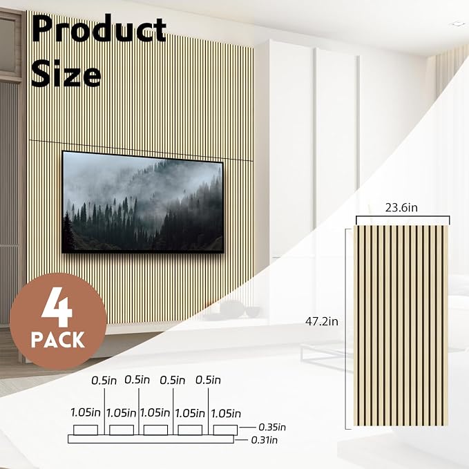 RITOLLO 4 Pack Wood Panels for Wall, Wood Slat Acoustic Panels for Wall, Soundproof Panels, 3D Fluted Panels for Interior Wall Decor 47.2 x 23.6(4 PCS) -Oak