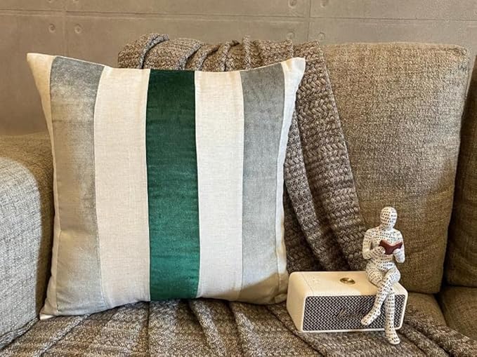 The HomeCentric Striped Decorative Throw Pillow Covers 16" x 16" | Modern Velvet Cushion Cover | Patchwork Emerald Green Pillowcases for Couch, Sofa, Bed, or Living Room - Velvet Band Emerald