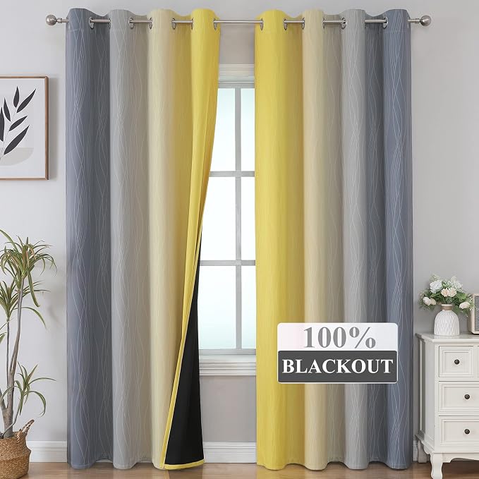 Estelar Textiler Yellow and Gray Blackout Curtains 96 Inches Long, Ombre Thermal Insulated Gradient Window Drapes for Bedroom, Full Light Blocking Curtains for Living Room,52x96 Inch, 2 Panels