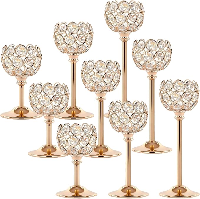 Candle Holder Candlestick Holders- 3Set Gold Crystal Pillar Candle Holders,Metal Candlestick Stands for Wedding Centerpieces,Table Decor for Church,Valentine's Day Housewarming Gift,9Pcs