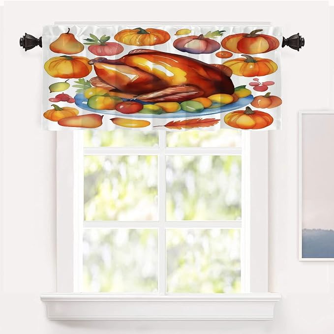Shrahala Turkey Pumpkin Thanksgiving Blackout Short Curtains for Windows, Watercolor Fruits Delicious Food Pears Kitchen Valance Thermal Insulated Rod Pocket Window Treatment for Bathroom 52 X 18 in