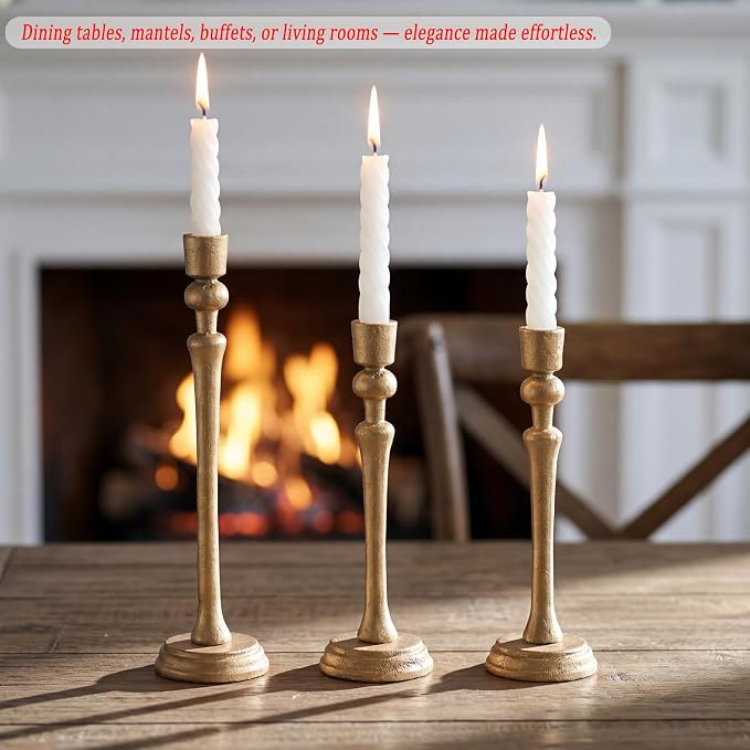 Antique Iron Taper Candle Holder Set of 3, Decorative Candle Stand | Heavy Cast Iron Candle Holder for Table Centerpiece, Candlestick Holder for Wedding, Dinning, Party, Antique Brass Finish