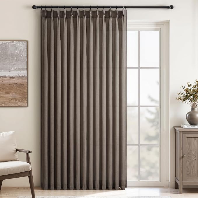 Topfinel 105 Inches Long Pinch Pleated Semi Sheer Curtains,Dark Flax Blended Light Filtering Window Curtains 105 Length for Living Room Bedroom Pinch Pleat Drapes with Hooks 1 Panels 72" Wx105 L