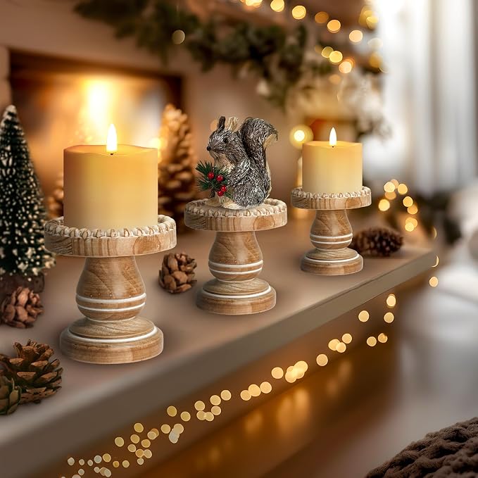 Small Candle Holder for Pillar Candle Set of 3, Farmhouse Wood Candle Holder, Rustic Wooden Candle Stand, Vintage Candle Stand Decorative for Living Room, Table Centerpiece, Washed Brown