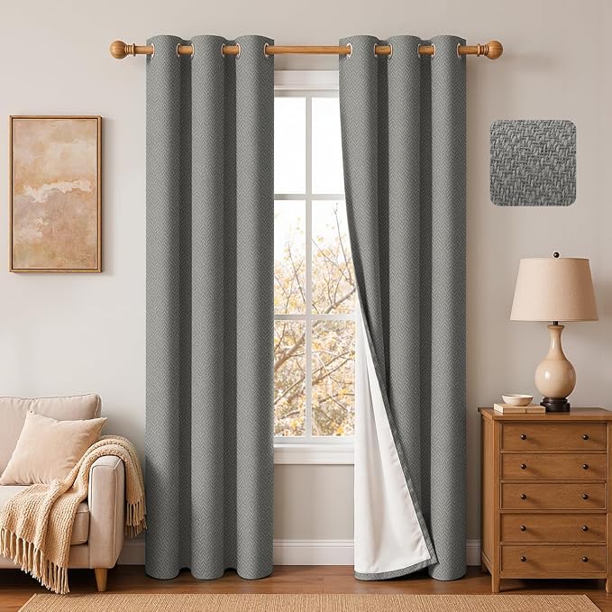 2 Panels 100% Blackout Linen-Textured Curtains, Thick Thermal Insulated Grommet Drapes with Subtle Herringbone Weave, Luxury Decor for Bedroom/Living Room, 37 x 84 Inches, Grey