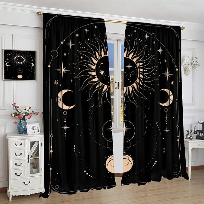 Golden Sun Moon Blackout Curtains, Abstract Modern Boho Sun Moon Star Window Drapes, for Bedroom Living Room 72" W X 63" L