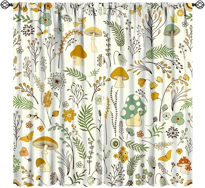 Wild Mushroom Curtains, Vintage Botanical Rustic Retro Wildflower Herbs Plants Green Mushroom Blackout Window Treatments for Living Room Kitchen Bedroom 42x63in