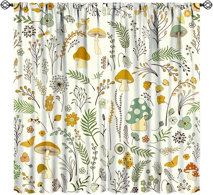 Wild Mushroom Curtains, Vintage Botanical Rustic Retro Wildflower Herbs Plants Green Mushroom Blackout Window Treatments for Living Room Kitchen Bedroom 72x63in