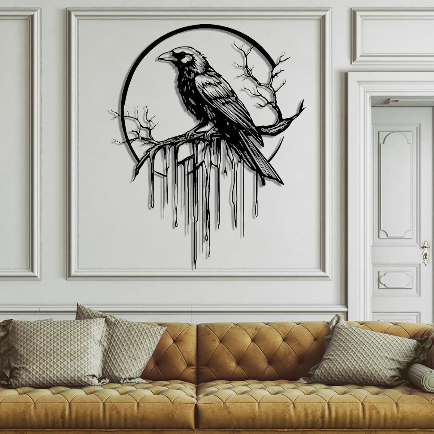 Crow Metal Wall Decor, Raven Wall Art, Large Gothic Raven Decor Hangings, Bird Wall Decor, Metal Tree Branch Decor, Ravens Sign, Raven Art for Living Room (Gold, 47"x38" | 120x96cm, metal wall art)