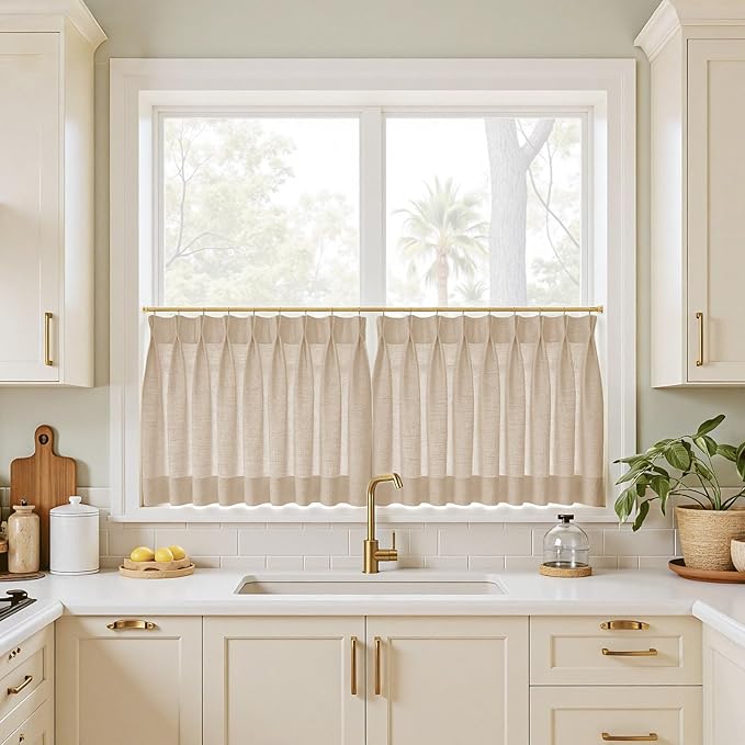 TWOPAGES 26" W x 36" L Linen Blend Cafe Curtains for Kitchen Window, Light Filtering Pinch Pleated Tier Curtains, Modern Farmhouse Half Window Curtains for Bathroom, Tapioca, 2 Panels