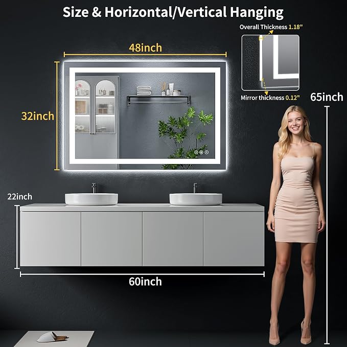 48" x 32" LED Bathroom Mirror with Lights, Backlit + Front Lit, Anti-Fog, Lighted Vanity Mirror for Bathroom Wall, Dimmable Brightness, 3 Colors, Memory Function, Shatterproof Tempered Glass