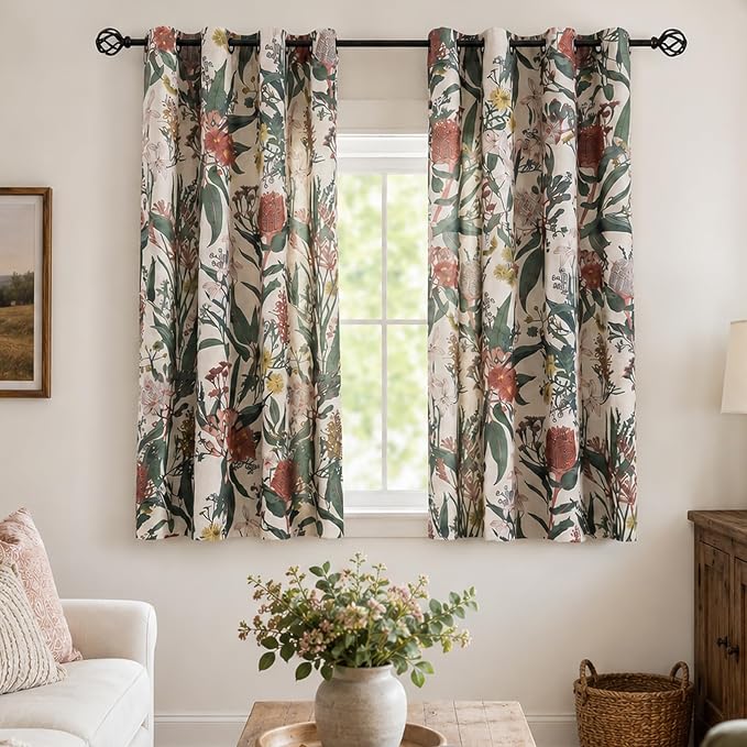 Linen Botanical Curtains 63 Inch Length Pair Whimsical Protea Flower Garden Curtains Retro Farmhouse Light Filtering Window Curtain Panels for Dining Room Country Cottage Home Decor 50" W x 63" L