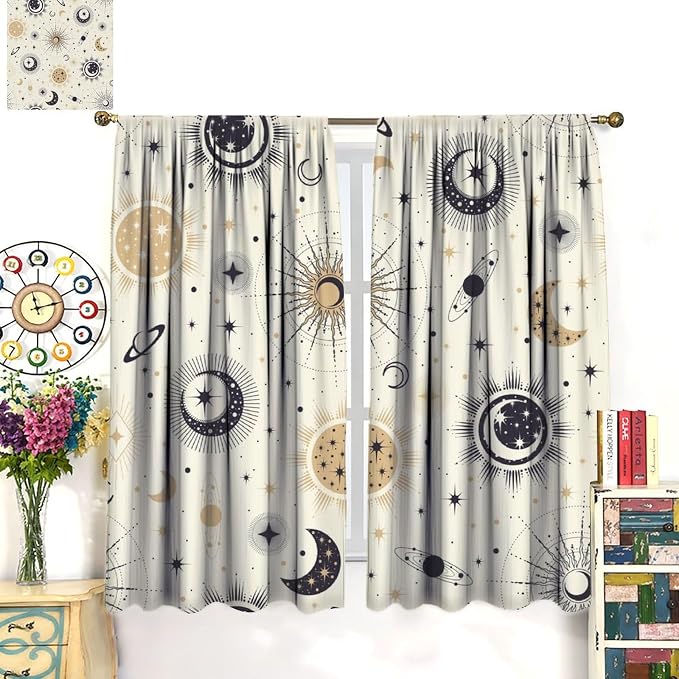 Sun Moon Blackout Window Curtains, Mystical Abstract Modern Boho Sun Moon Star Window Drapes, for Bedroom Living Room 55" W X 63" L