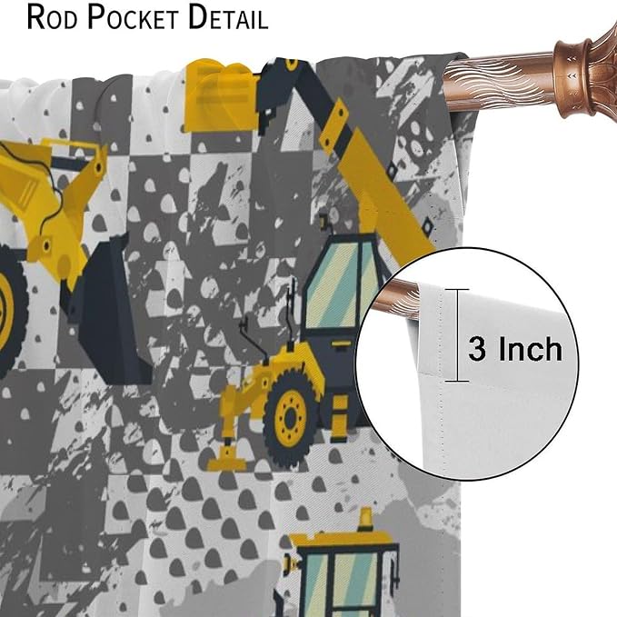 Kids Cartoon Car Curtain Yellow Vehicle Graffiti Excavator for Boys Kids, Window Treatments Curtains Bedroom Cafe Dining Room Living Room Kitchen Office Drapes, 42x45 in