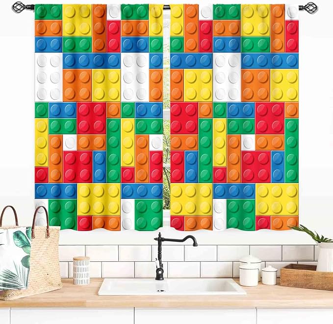 Boys Curtains for Bedroom Building Blocks Curtains, Colorful Plastic Block Building Constructor Brick Blackout Window Treatments for Boys Kids Girl Baby Room Living Room Nursery, 55x39 Inch