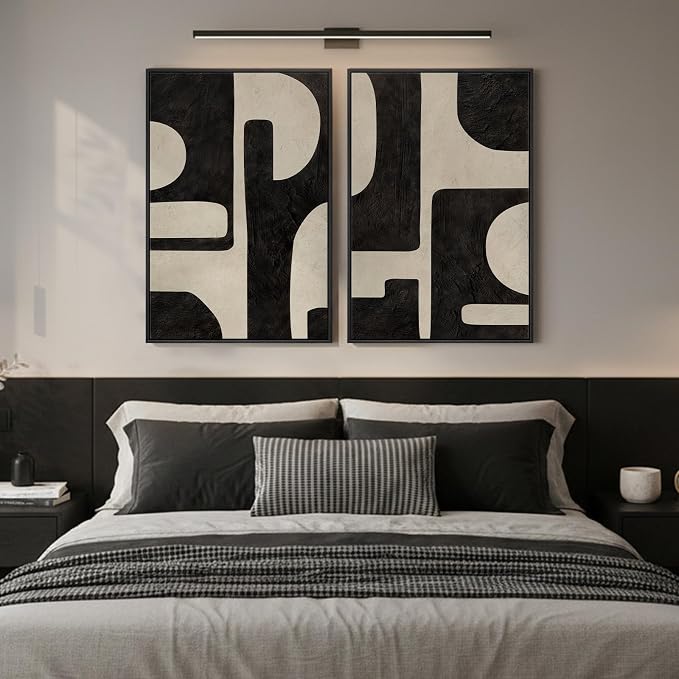 Large Framed Abstract Set of 2 Wall Art for Living Room, Neutral Black Beige Geometric Modern Canvas Artwork for Walls, Minimalist Painting Print Wall Decor Bedroom Hallway Home Office, 24x36 Inch