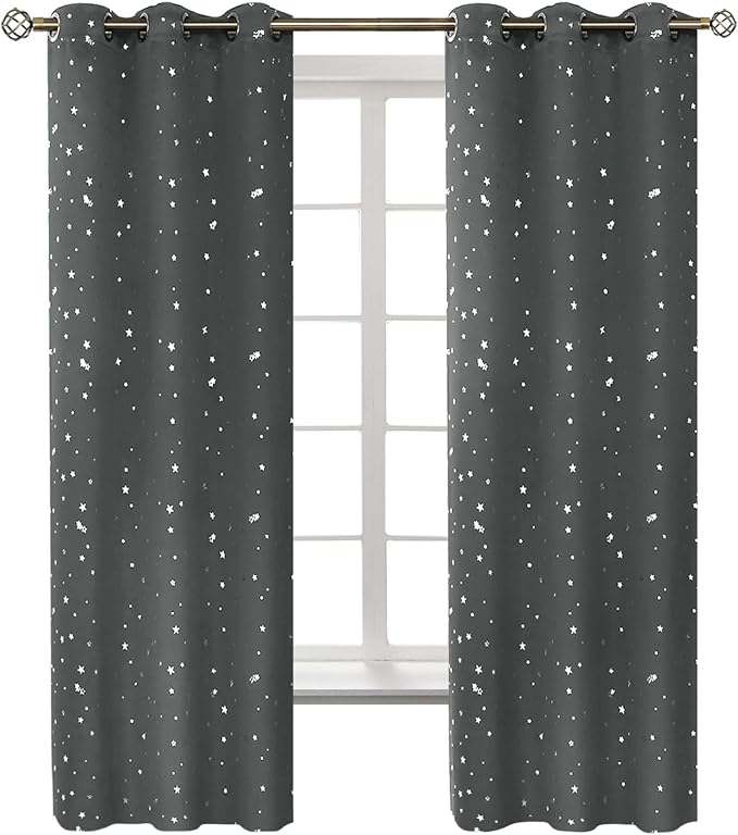BGment Dark Grey Blackout Curtains for Kid's Bedroom - Grommet Thermal Insulated Room Darkening Silver Star Printed Curtains for Living Room, Set of 2 Panels (42 x 63 Inch, Dark Grey)