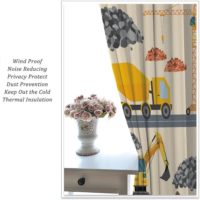 Cartoon Car Blackout Curtain,Boys Kids Construction Equipment Vehicles Excavator Window Curtains Dining Room Living Room Kitchen Cafe Bedroom Office Nursery Drapes,42x54 in