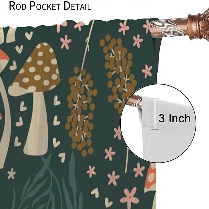 Woodland Mushroom Curtains, Rustic Fairytale Forest Natural Mushroom Flowers Plants Blackout Window Drapes for Farmhouse Kitchen Bedroom Livingroom, 42" W X 63" L