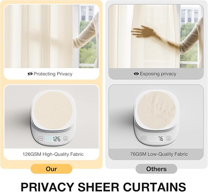 Anmao Non-See-Through Beige Privacy Semi Sheer Curtains for Living Room 45 Inch Length 2 Panels Set, Light Filtering That Let Light in Rod Pocket Window Drapes for Bedroom, 52W x 45L, Beige