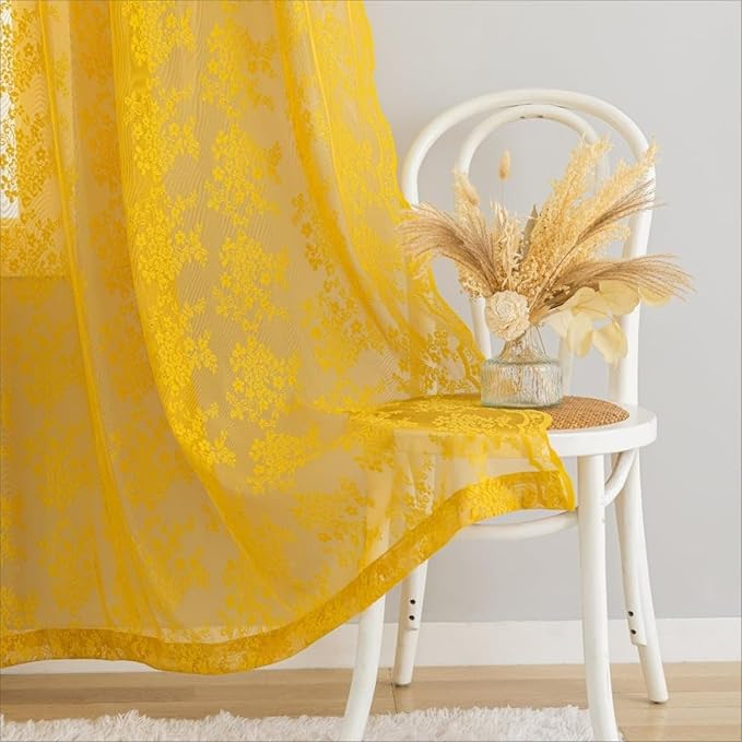 YJ YANJUN Vintage Lace Curtains 72 Inches Long-Victorian Floral Pattern Mustard Yellow Sheer Curtain Panels for Living Room Bedroom,Light Filtering, Summer Drapes 2 Panels 52W x 72L