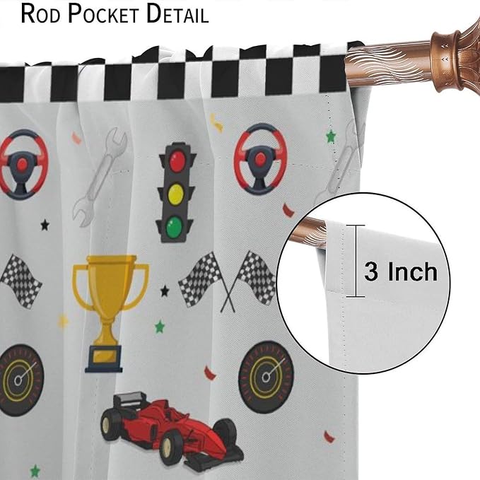 Racing Car Blackout Curtain,Kids Boys Cartoon Car Theme White Plaid Print Window Curtains for Bedroom Cafe Dining Room Office Living Room Kitchen Drapes,52x96 in