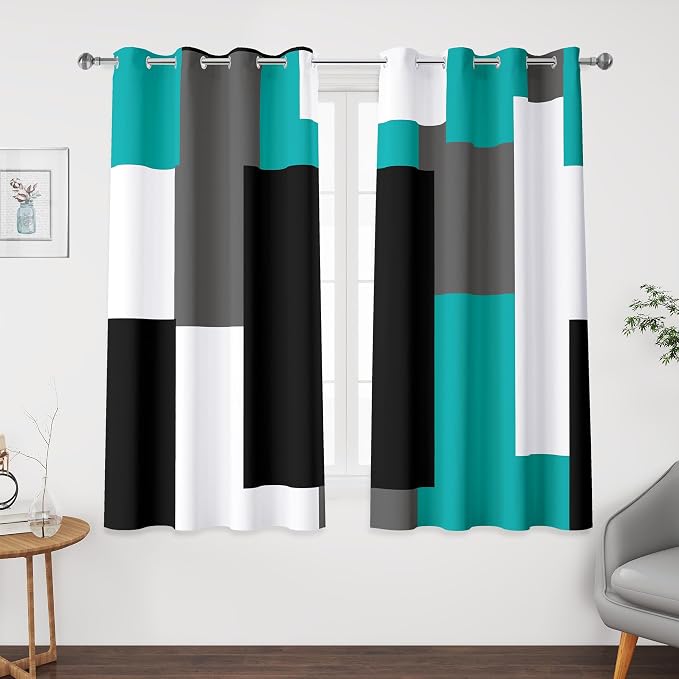 Tyrot Teal/Turquoise 100% Blackout Curtains 45 inch Length 2 Panels Set Black White Grey Modern Abstract Geometric Drapes for Kitchen Curtains Insulated Room Darkening Small Window Curtains, 52Wx45L