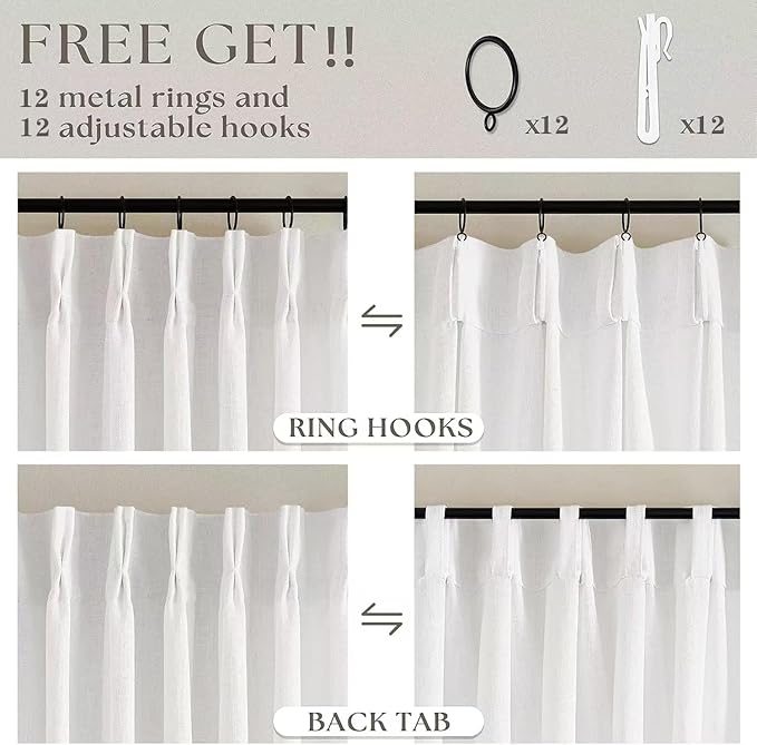 TWODRAPES Ivory White Pinch Pleated Extra Wide Linen Curtains 84 Inches Long for Patio Sliding Glass Door 70 Inch Wide Pleated Drapes with Hooks Rings Semi Sheer 70x84 Curtain for Living Room 1 Panel