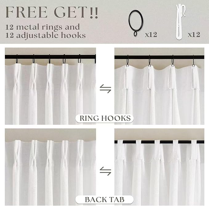 Extra Wide Pinch Pleat Curtains 84 Inches Long for Patio Sliding Glass Door Ivory Linen 60 Inch Wide Curtain Memory Trained Pleated Drapes with Hooks Rings Semi Sheer 60x84 Curtain for Large Window