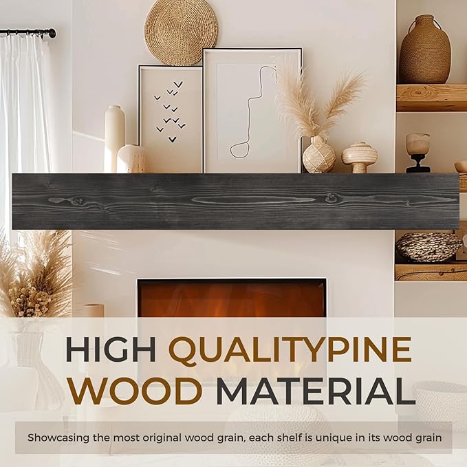 Fireplace Mantel Handmade, 6'' Thick Wall Decor Long Floating Shelf, 72inch Rustic Wood Shelf with Invisible Brackets, Black