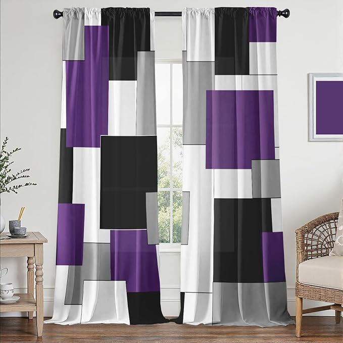 Purple and Black Curtains for Living Room 84 Length Curtains Geometry Modern White Purple Abstract Rod Pocket Curtain for Bedroom Kitchen Room Window Drapes 2 Panels