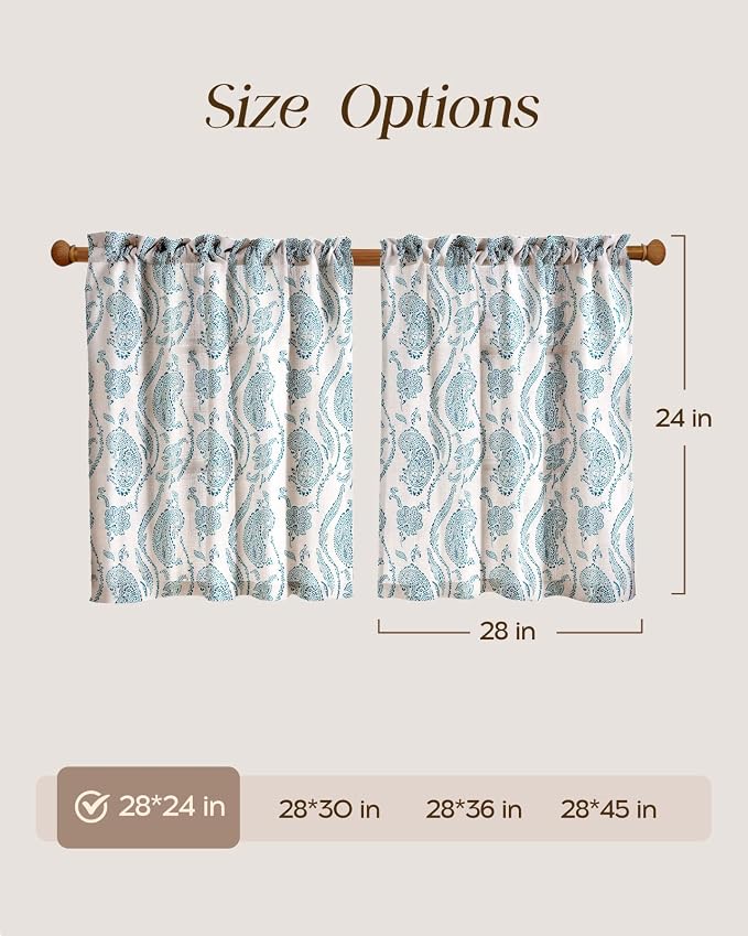 Miss Adola Farmhouse Kitchen Tier Curtains - 24 Inch Length Linen Blend Floral Cafe Curtains Blue Small Window Treatments Over Sink Rod Pocket for Bathroom Living Room Light Filtering, 2 Panels