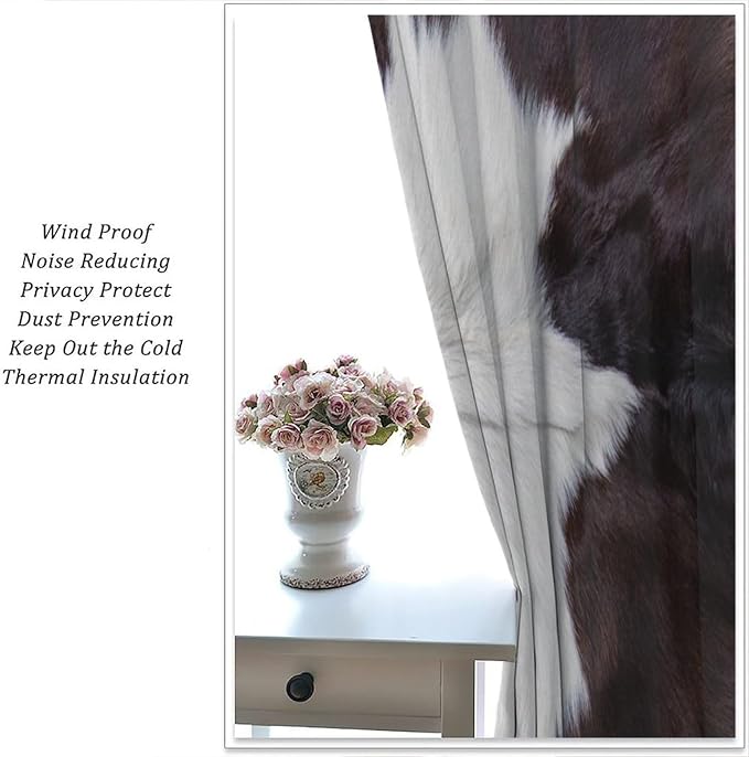 Cowhide Blackout Curtains, Retro Farmhouse Animal Spotted Black White Cow Texture Print Rod Pocket Curtain Window Treatments 2 Panels Drapes for Dining Room Office Living Room Deocr 72"W X 63"L