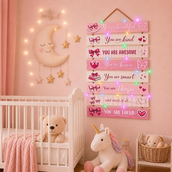 Cute Pink Bow Room Decor Set of 8 with Led Light for Teen Girls Kids Toddler, Preppy Inspirational Bow Wood Nursery Wall Decor for Dorm Bedroom, Dreamy Cozy Chic Motivational Princess Room Decor