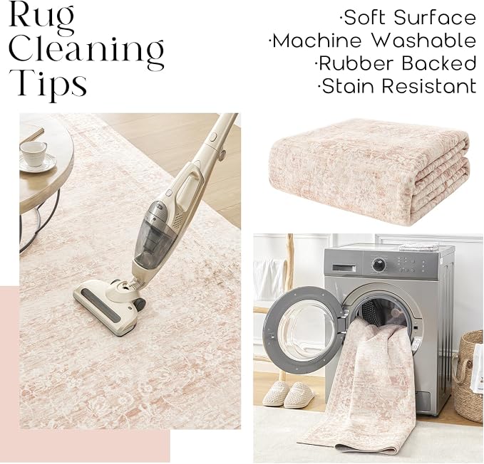 BILEEHOME Vintage Pink Rug 4x6 Washable Non Slip Floral Aesthetic Indoor Rugs for Entryway Kitchen Low Pile Carpet for Laundry Room Bathroom Front Door Mat for Entrance 4 x 6