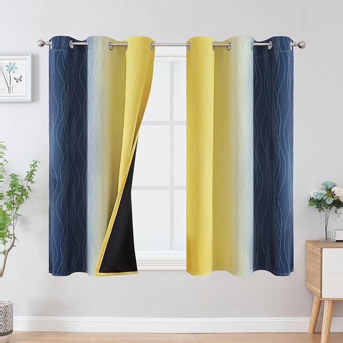 Estelar Textiler Navy Blue and Yellow Ombre Blackout Curtains 54 Inch Length 2 Panels, Full Room Darkening Gradient Drapes for Window, Thermal Insulated Grommet Short Curtains for Bedroom,42Wx54L