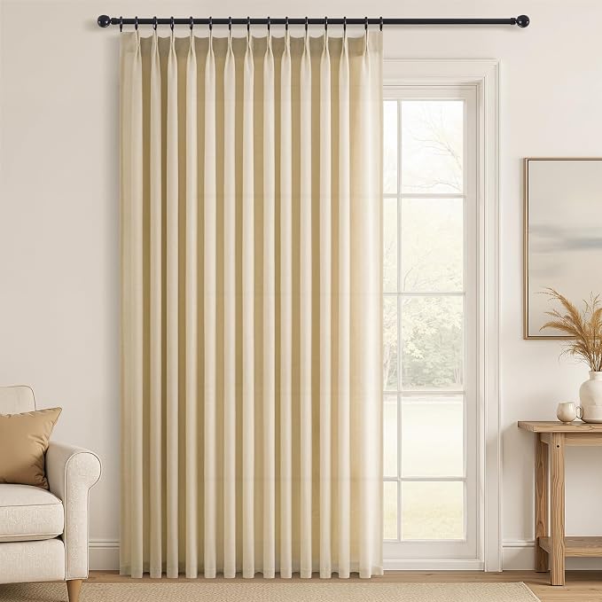 Topfinel 105 Inches Long Pinch Pleated Semi Sheer Curtains,Natural Linen Blended Light Filtering Window Curtains 105 Length for Living Room Bedroom Pinch Pleat Drapes with Hooks 1 Panels 72" Wx105 L
